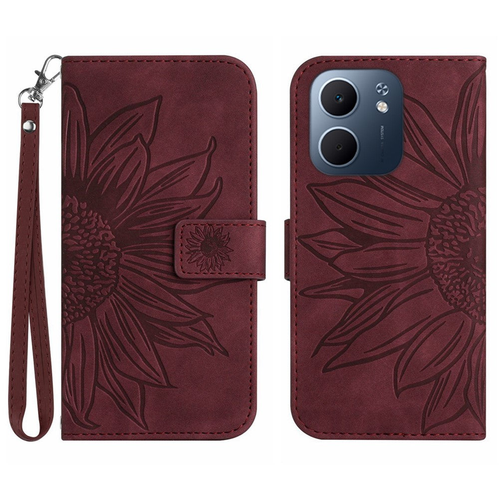 For Oppo A5x 5G  /  4G Case Sunflower Imprint Leather Wallet Phone Cover with Wrist Strap
