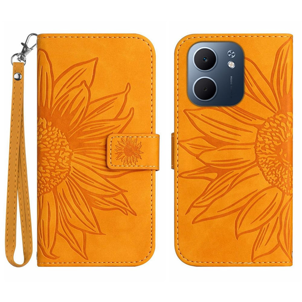 For Oppo A5x 5G  /  4G Case Sunflower Imprint Leather Wallet Phone Cover with Wrist Strap