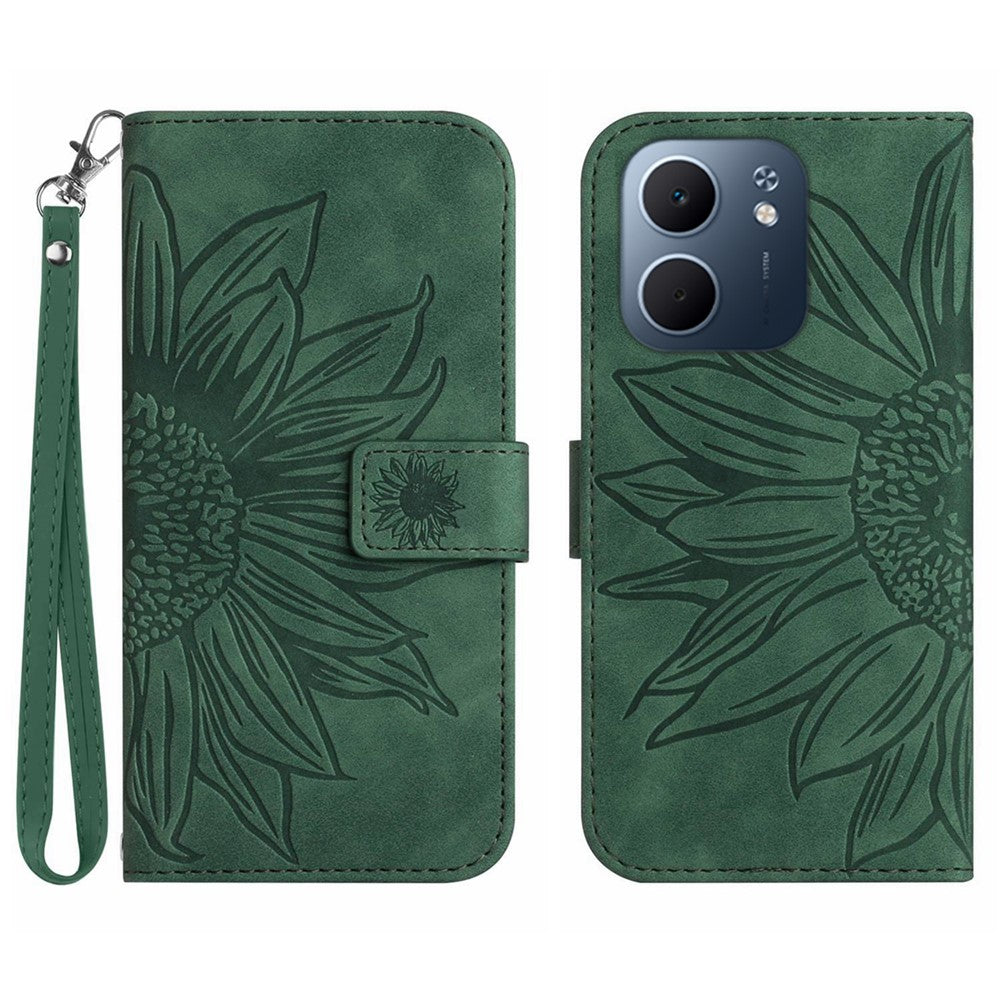 For Oppo A5x 5G  /  4G Case Sunflower Imprint Leather Wallet Phone Cover with Wrist Strap