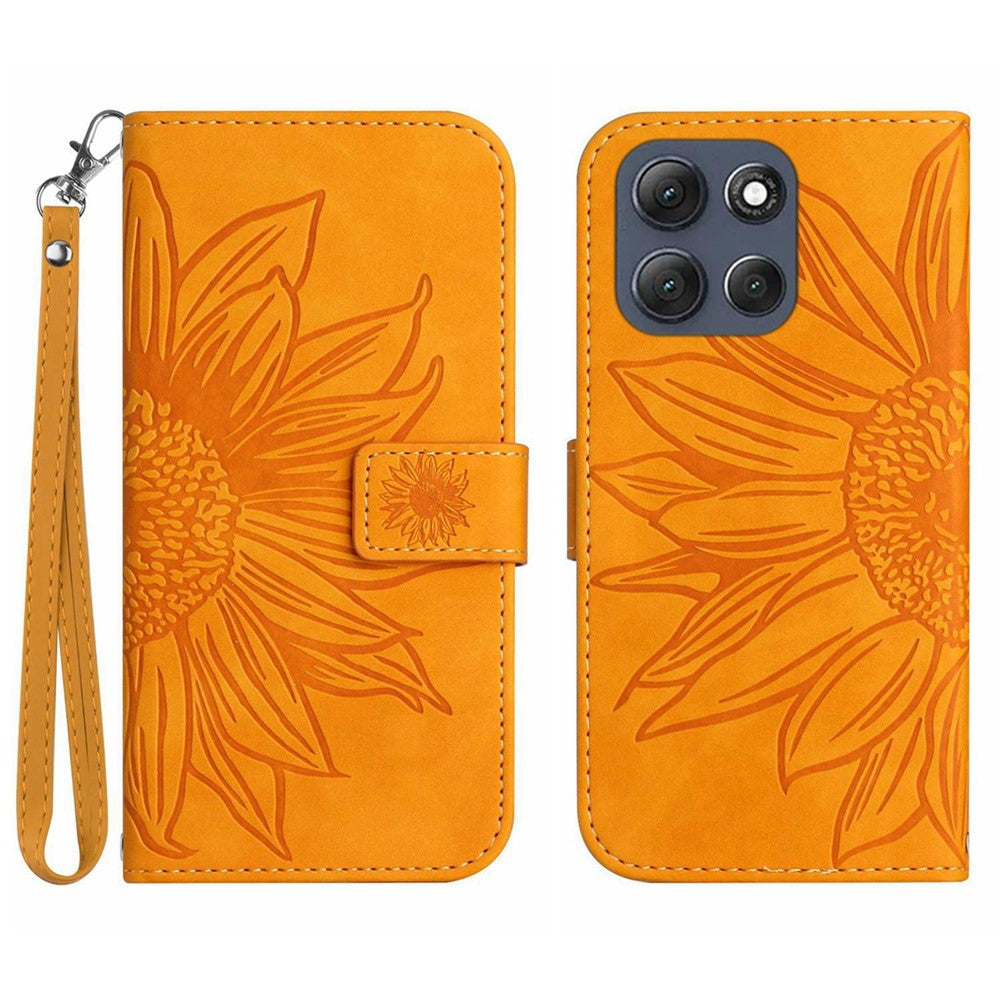 For Motorola Moto G56 5G Case Sunflower Imprint Leather Wallet Phone Cover with Wrist Strap