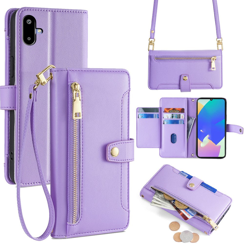 Til Samsung Galaxy F06 5G læderetui lynlåslomme pung telefoncover med 2 stropper