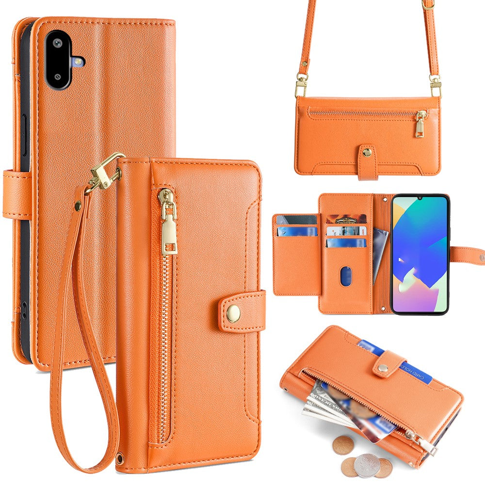 Til Samsung Galaxy F06 5G læderetui lynlåslomme pung telefoncover med 2 stropper