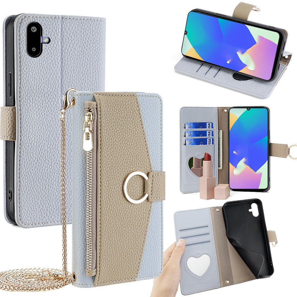 For Samsung Galaxy F06 5G Case Mirror Wallet Leather Phone Cover with Chain Shoulder Strap