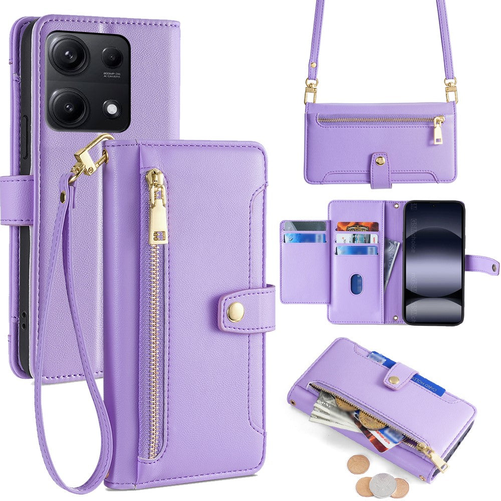 For Xiaomi Redmi Note 14S 4G Leather Case Zipper Pocket Wallet Phone Cover with 2 Straps