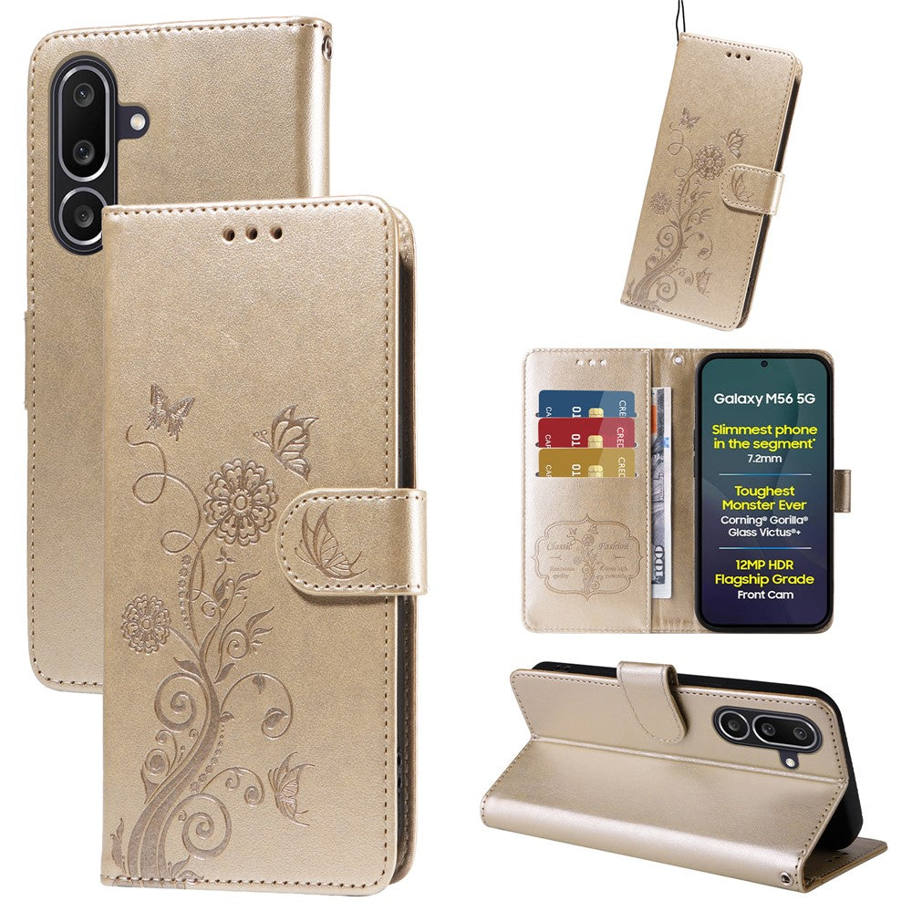 Til Samsung Galaxy M56 5G Lædercover Sommerfugl Blomsterpræg Tegnebogsstander Cover
