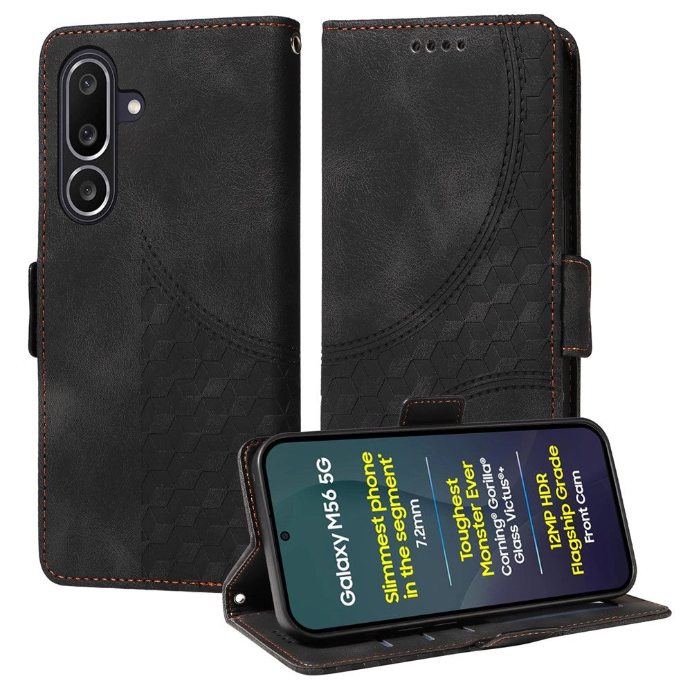 Til Samsung Galaxy M56 5G lædercovers, pung, rombe-præget telefoncover-stativ med rem