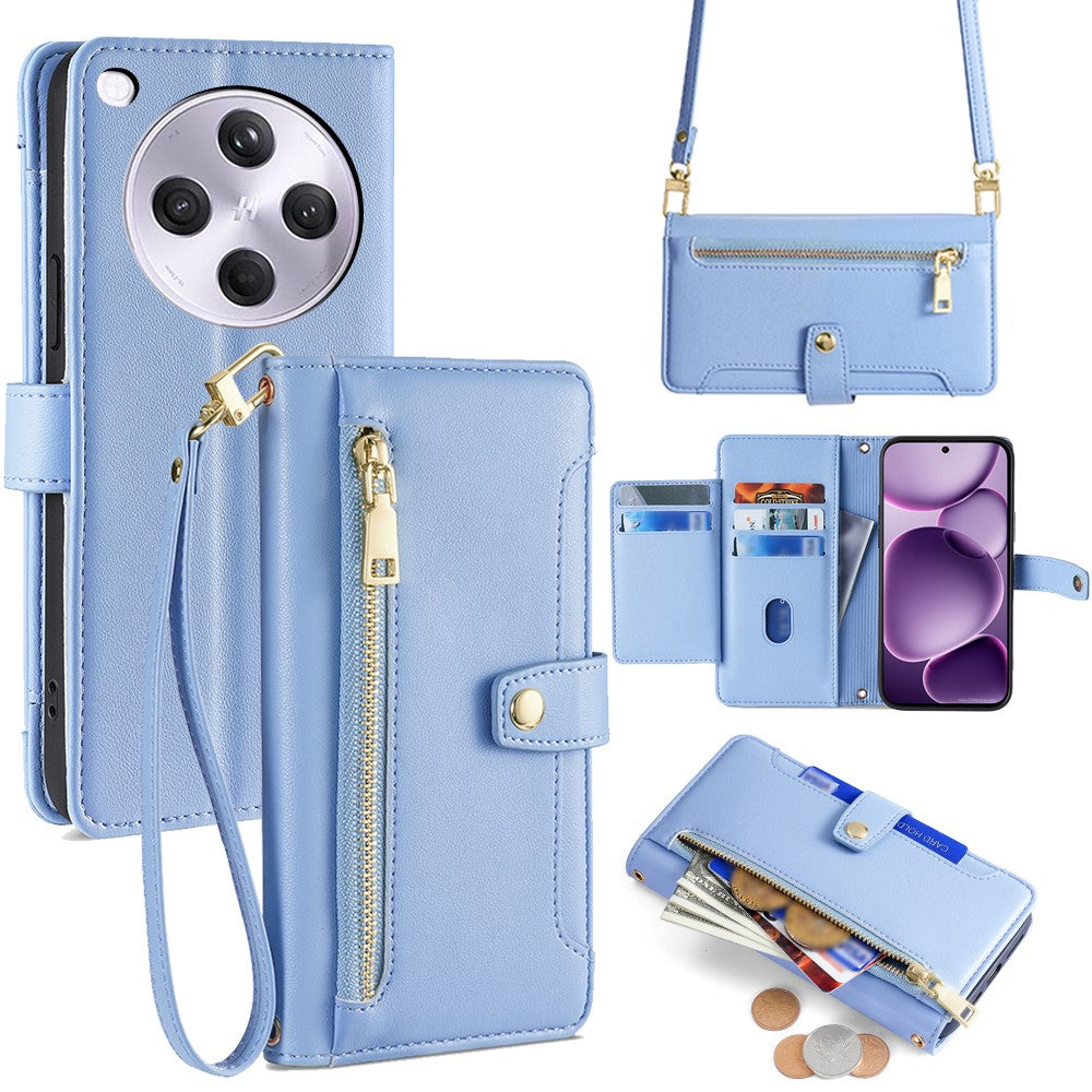 For Oppo Find X8s+ 5G Leather Case Zipper Pocket Wallet Phone Cover with 2 Straps