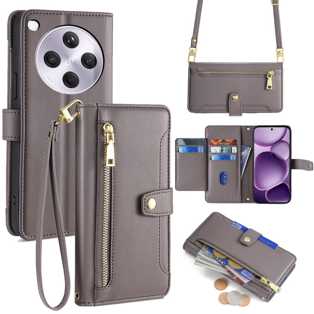 For Oppo Find X8s+ 5G Leather Case Zipper Pocket Wallet Phone Cover with 2 Straps