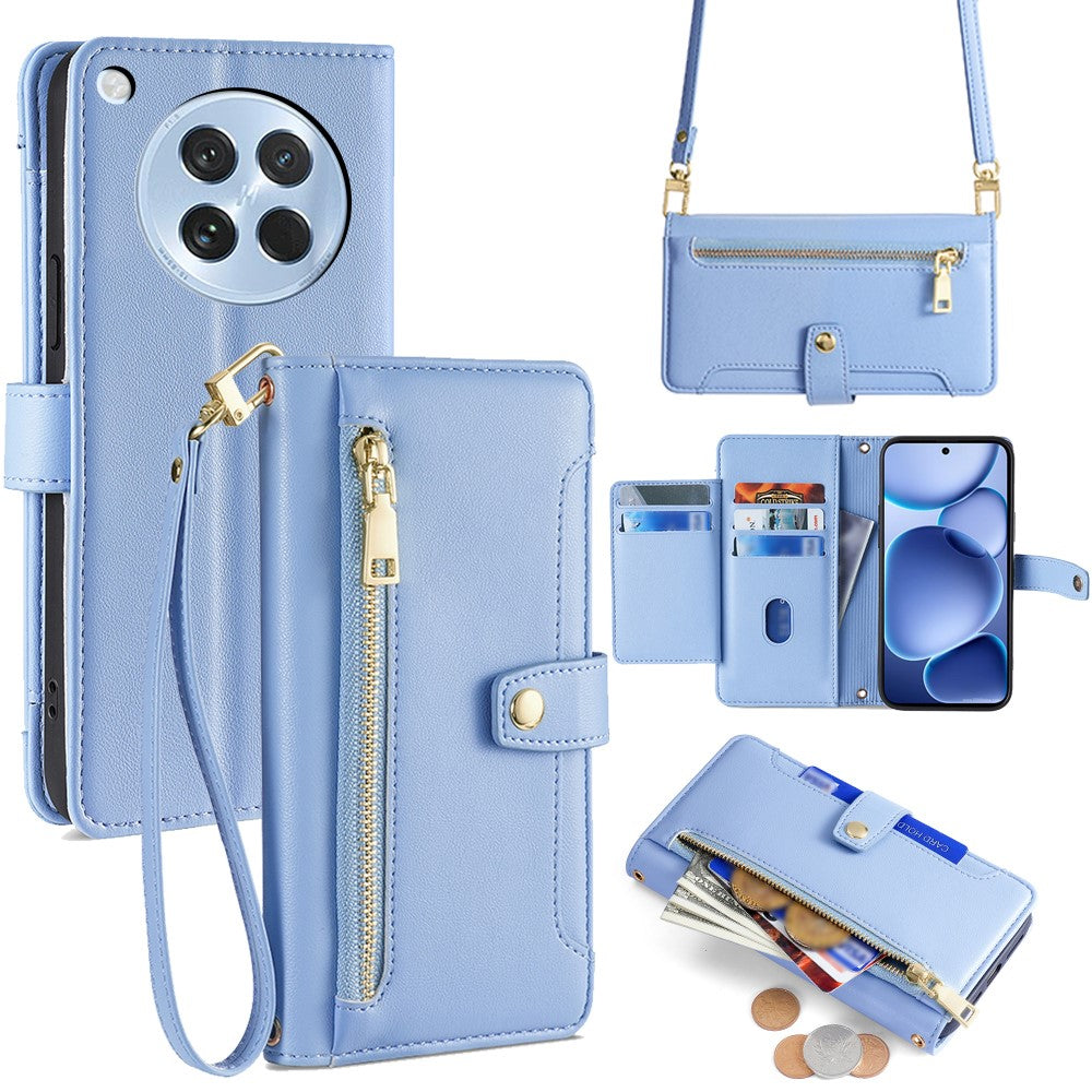 For Oppo Find X8s 5G Leather Case Zipper Pocket Wallet Phone Cover with 2 Straps