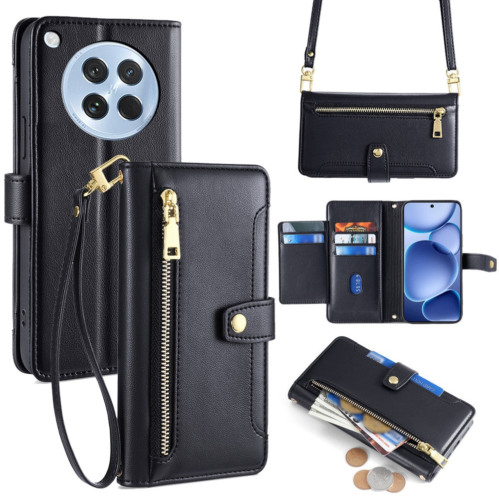For Oppo Find X8s 5G Leather Case Zipper Pocket Wallet Phone Cover with 2 Straps