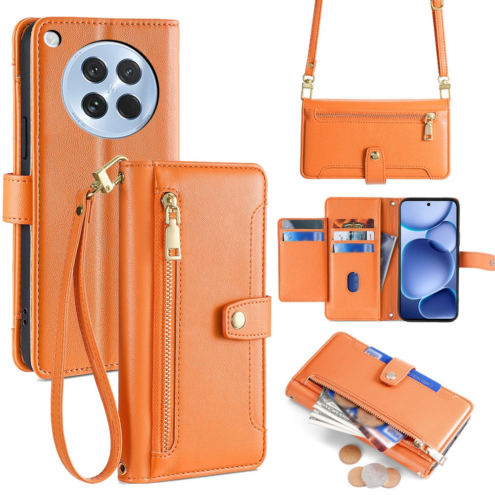 For Oppo Find X8s 5G Leather Case Zipper Pocket Wallet Phone Cover with 2 Straps