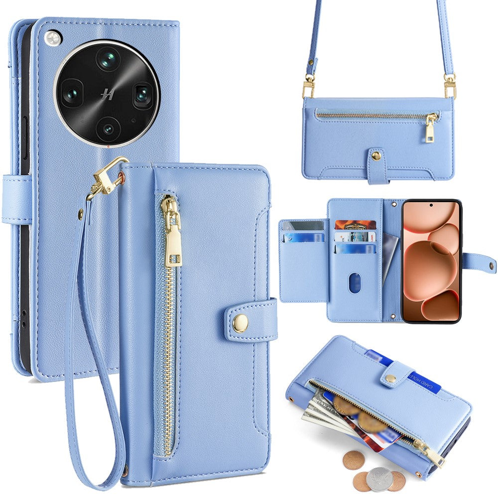 For Oppo Find X8 Ultra 5G Leather Case Zipper Pocket Wallet Phone Cover with 2 Straps