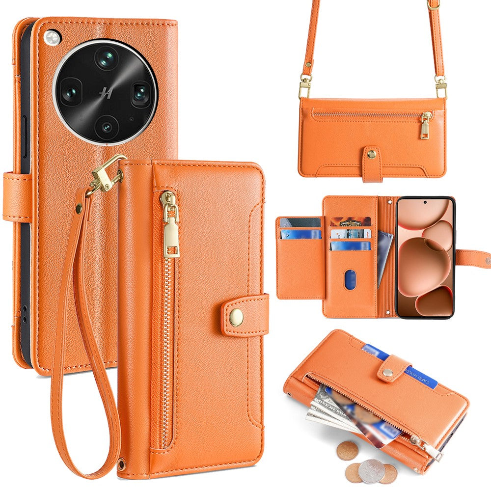 For Oppo Find X8 Ultra 5G Leather Case Zipper Pocket Wallet Phone Cover with 2 Straps