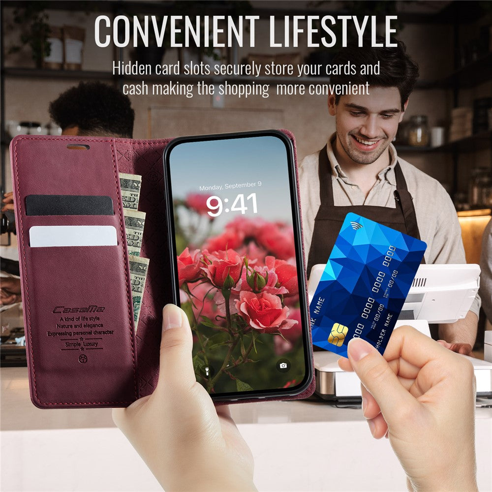 CASEME 033 Series For iPhone 17e / 16e Case RFID Blocking Wallet Stand Calf Texture Leather Phone Cover
