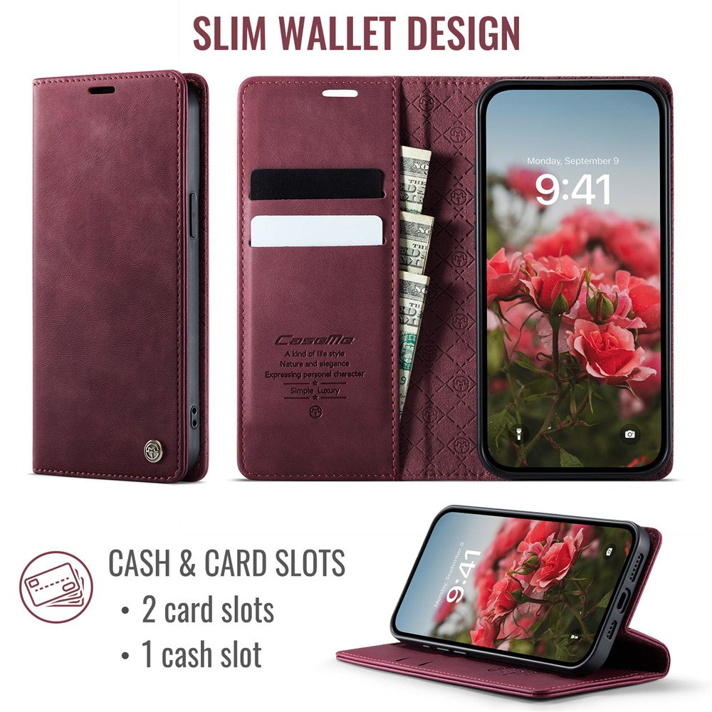 CASEME 033 Series For iPhone 17e / 16e Case RFID Blocking Wallet Stand Calf Texture Leather Phone Cover
