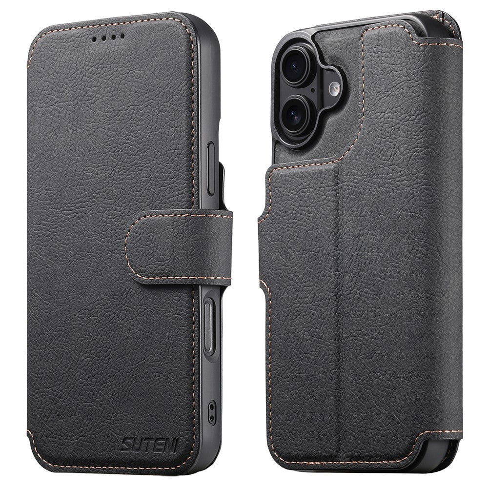 SUTENI Q-05 For iPhone 16 Case Detachable Wallet Stand Litchi Texture Leather Flip Phone Cover