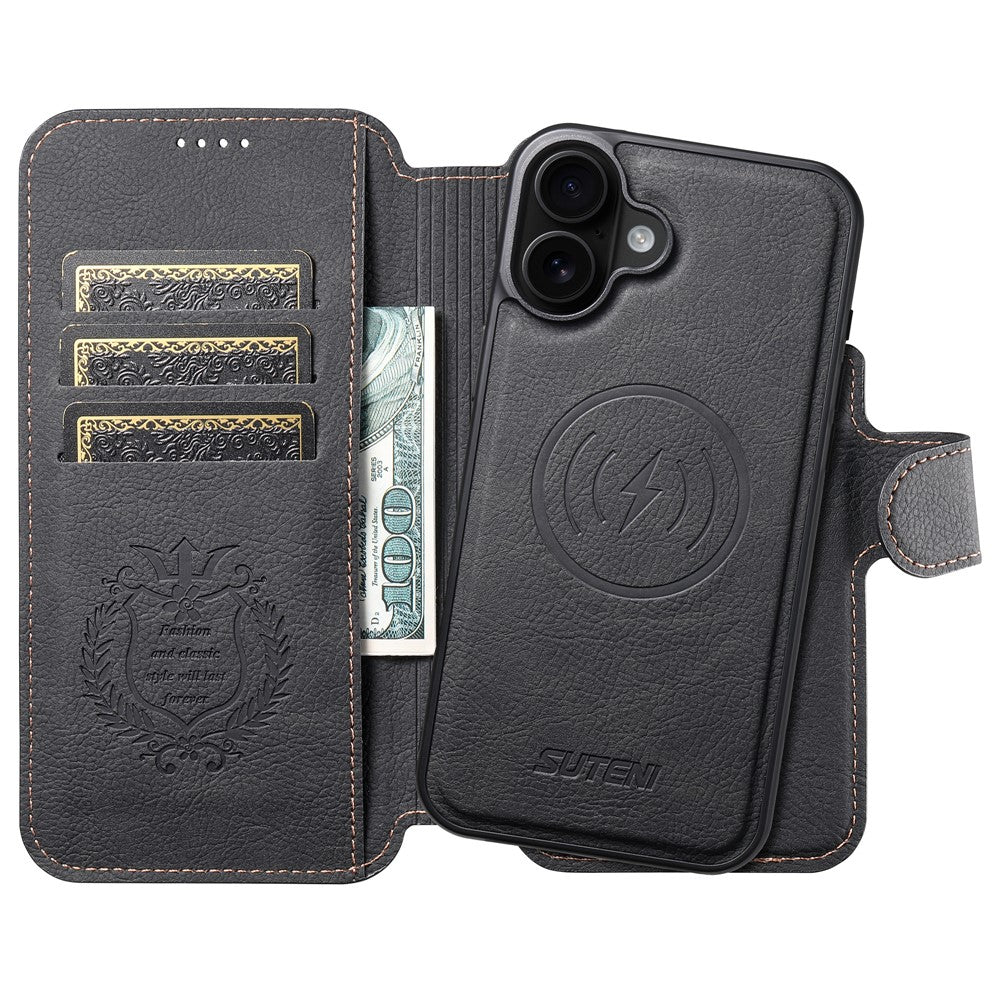 SUTENI Q-05 For iPhone 16 Case Detachable Wallet Stand Litchi Texture Leather Flip Phone Cover