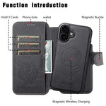 SUTENI Q-05 For iPhone 16 Case Detachable Wallet Stand Litchi Texture Leather Flip Phone Cover