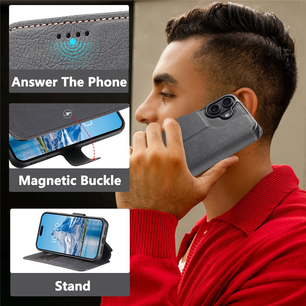 SUTENI Q-05 For iPhone 16 Case Detachable Wallet Stand Litchi Texture Leather Flip Phone Cover
