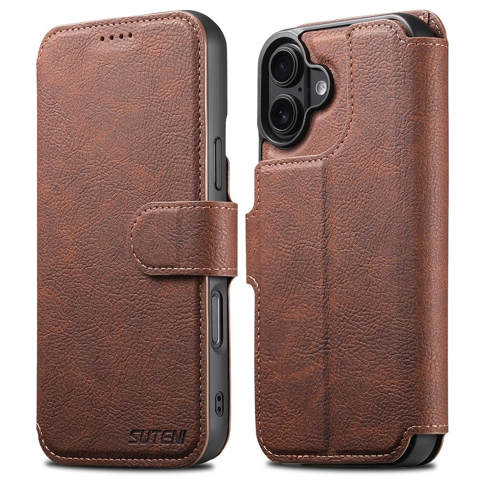 SUTENI Q-05 For iPhone 16 Case Detachable Wallet Stand Litchi Texture Leather Flip Phone Cover