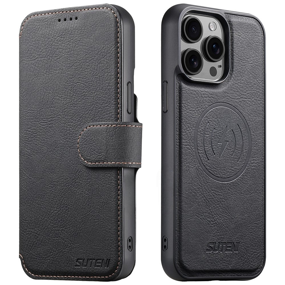 SUTENI Q-05 Til iPhone 15 Pro Max Cover Aftagelig Pung Stand Litchi Tekstur Læder Flip Telefon Cover
