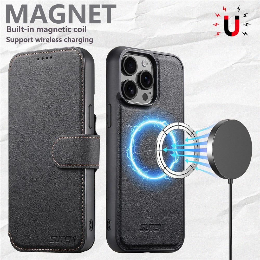 SUTENI Q-05 Til iPhone 15 Pro Max Cover Aftagelig Pung Stand Litchi Tekstur Læder Flip Telefon Cover
