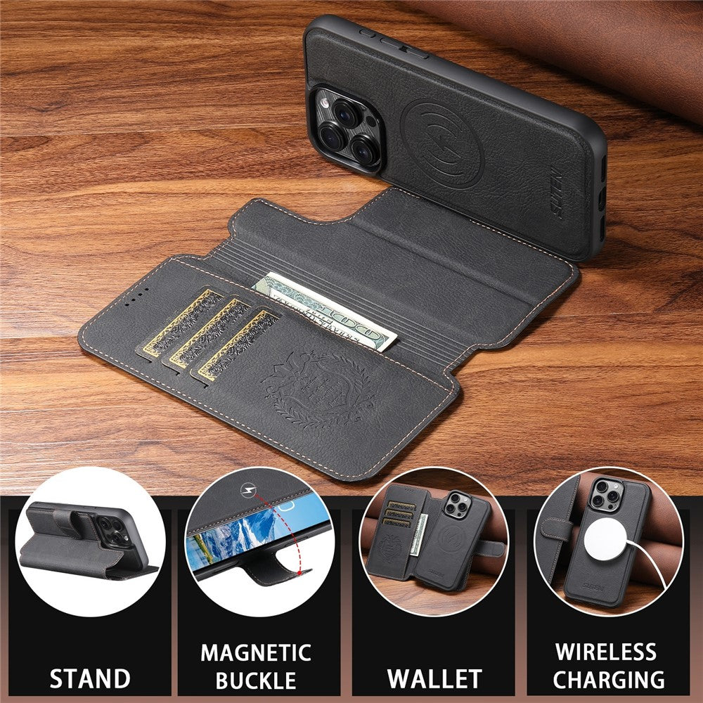SUTENI Q-05 Til iPhone 15 Pro Max Cover Aftagelig Pung Stand Litchi Tekstur Læder Flip Telefon Cover