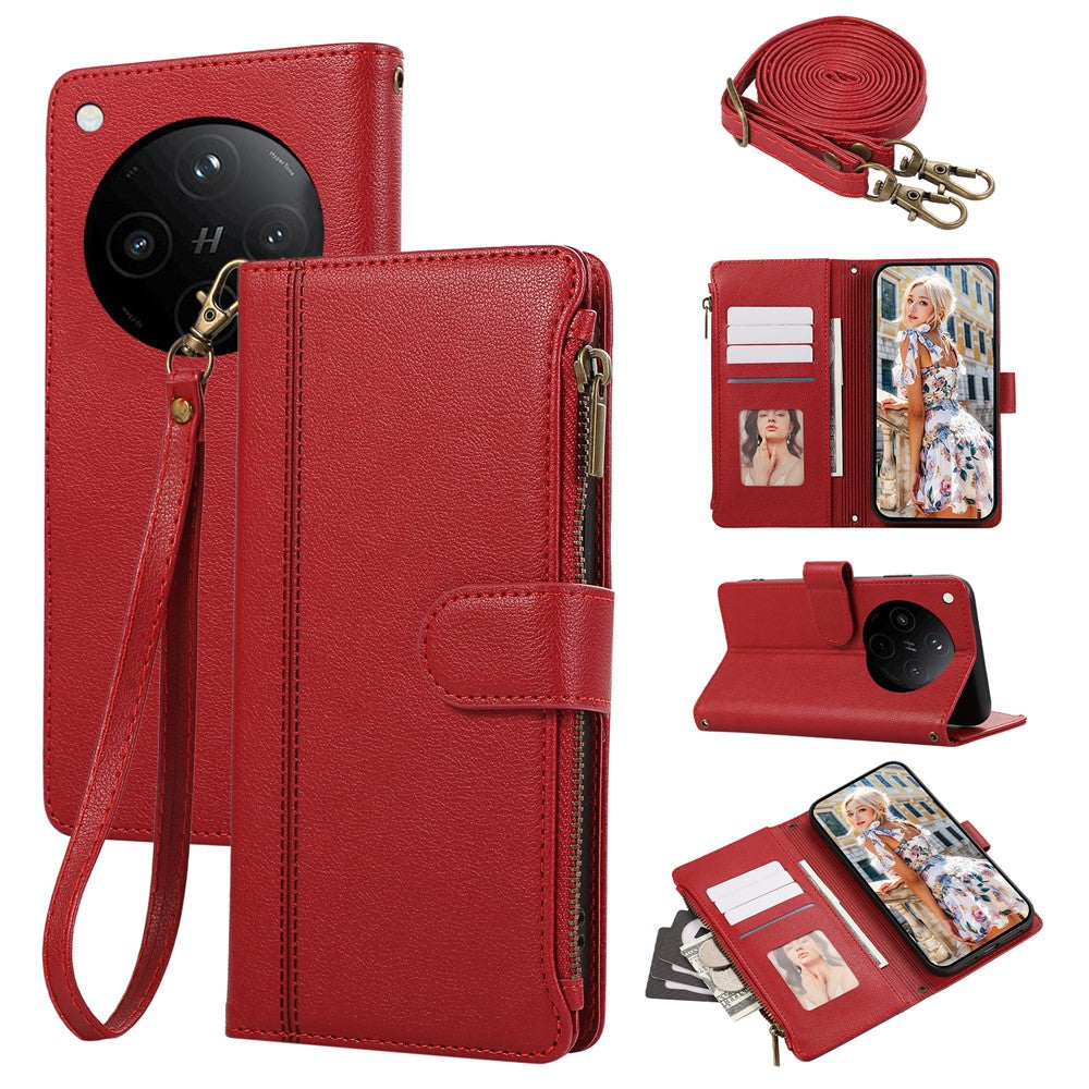 For Oppo Find X8 5G Case Multi Card Slots Zipper Leather Phone Cover with Shoulder Strap / Wrist Strap
