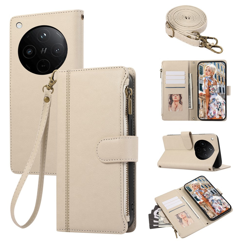 For Oppo Find X8 5G Case Multi Card Slots Zipper Leather Phone Cover with Shoulder Strap / Wrist Strap