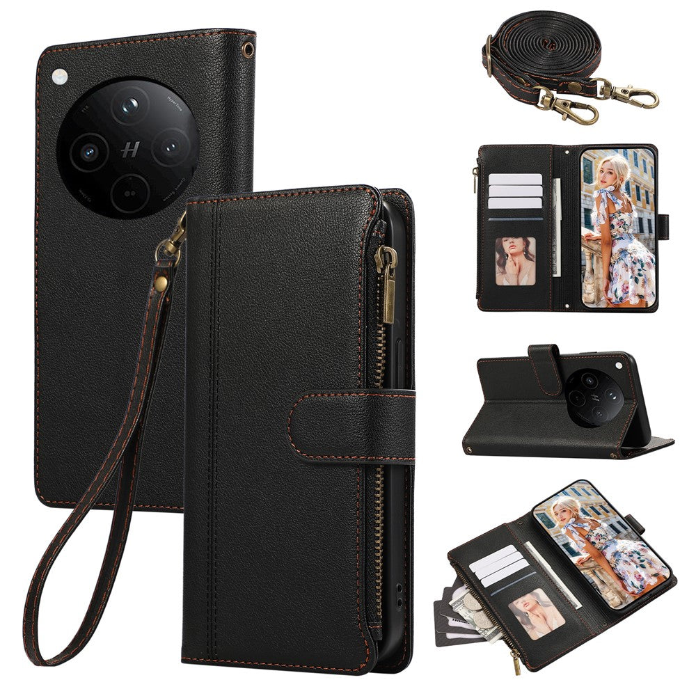 For Oppo Find X8 5G Case Multi Card Slots Zipper Leather Phone Cover with Shoulder Strap / Wrist Strap