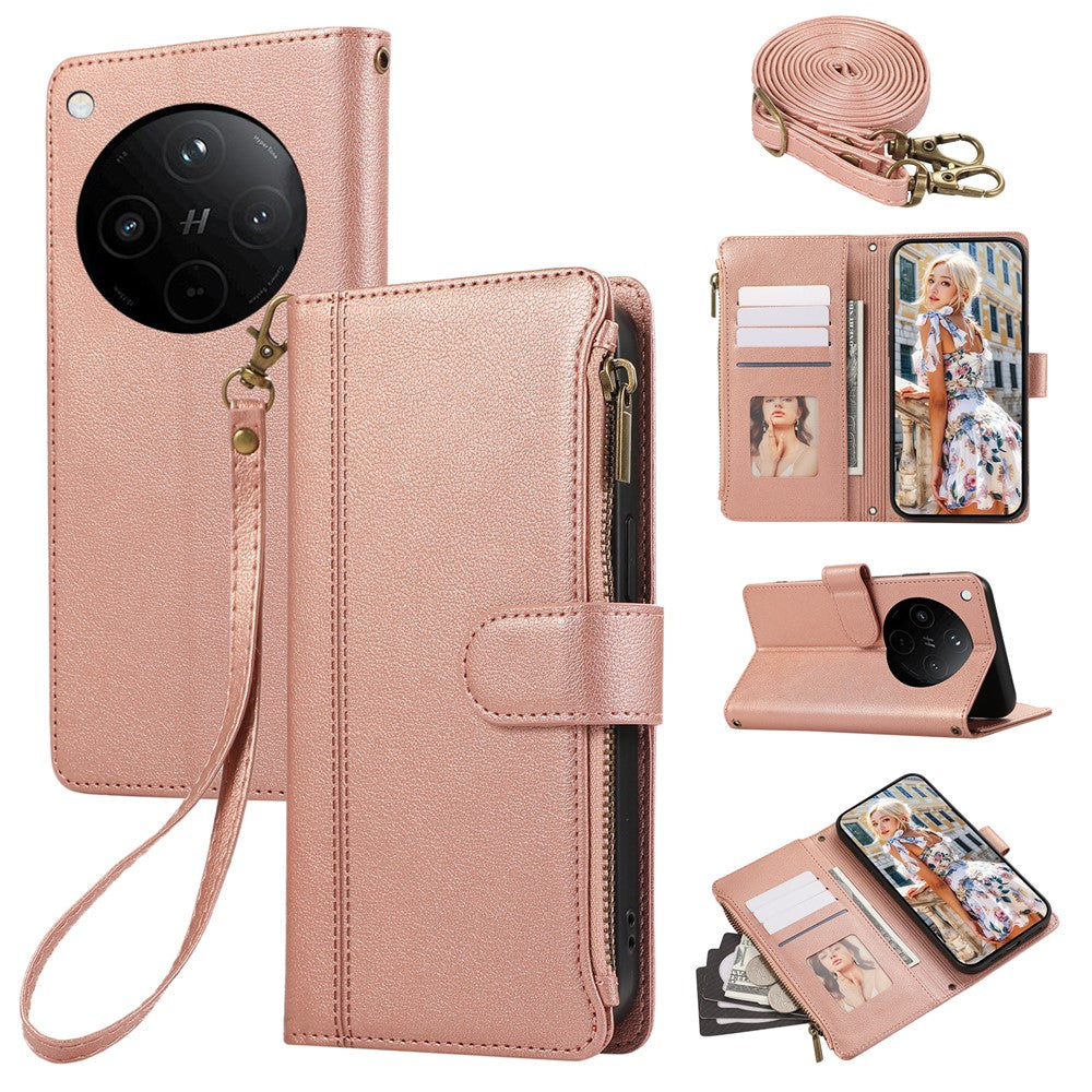 For Oppo Find X8 5G Case Multi Card Slots Zipper Leather Phone Cover with Shoulder Strap / Wrist Strap