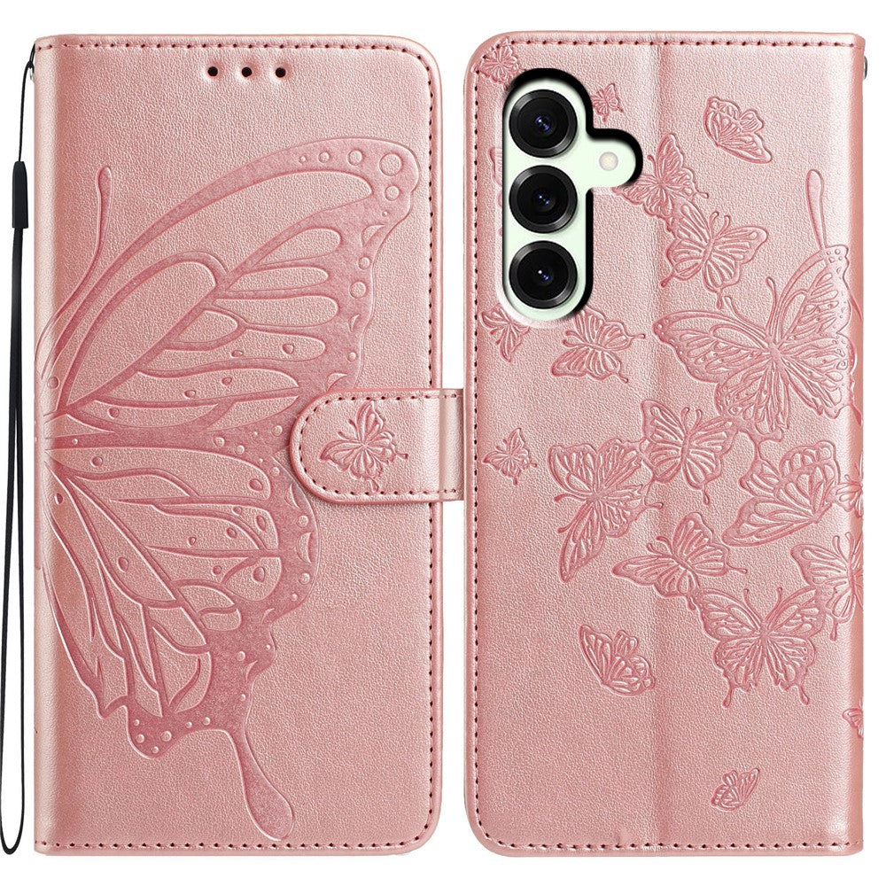 Samsung Galaxy A18 5G / A18 4G / A17 5G / A17 4G / A26 5G-skal, fjärilstryck, plånboksfodral i PU-läder med rem