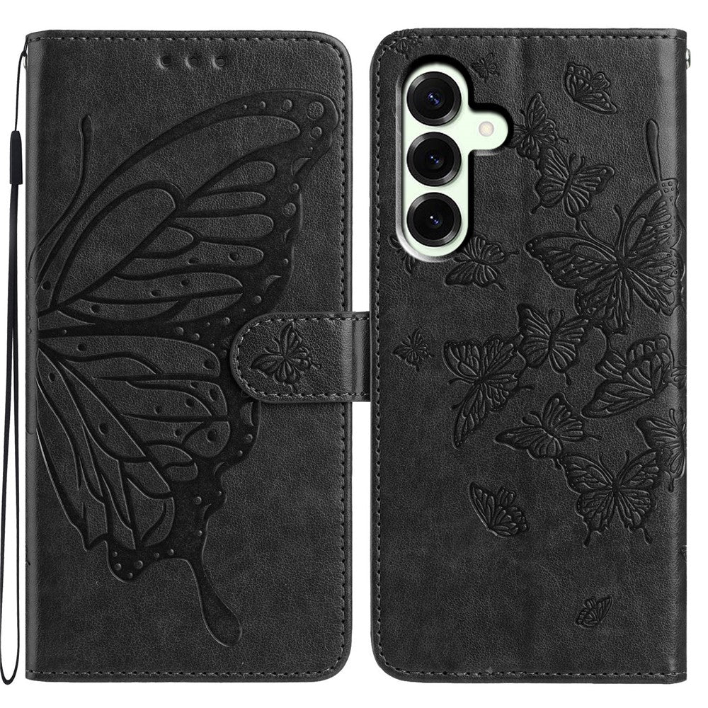 Samsung Galaxy A18 5G / A18 4G / A17 5G / A17 4G / A26 5G-skal, fjärilstryck, plånboksfodral i PU-läder med rem