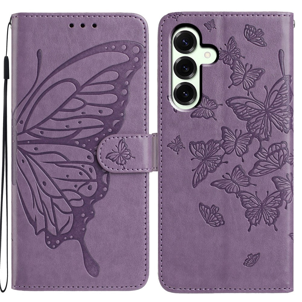 Samsung Galaxy A18 5G / A18 4G / A17 5G / A17 4G / A26 5G-skal, fjärilstryck, plånboksfodral i PU-läder med rem