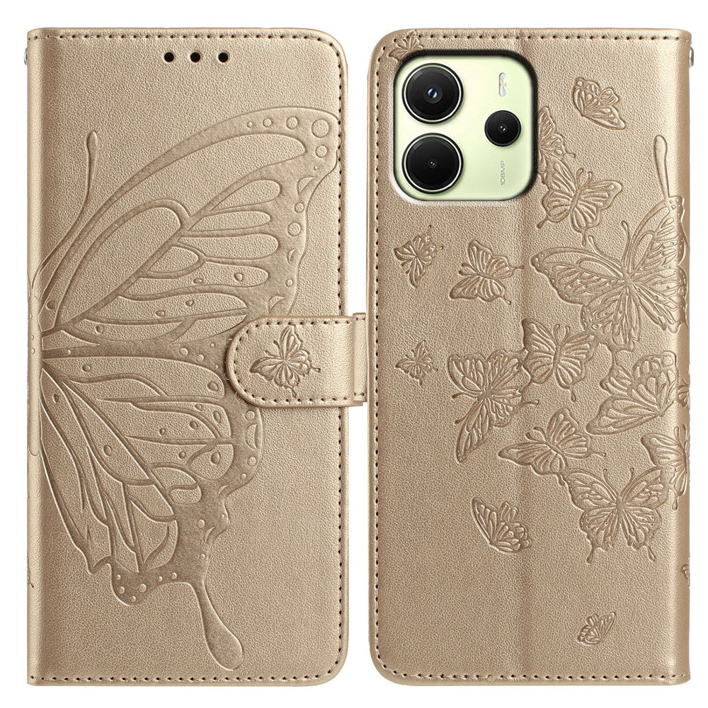 For Xiaomi Redmi Note 14 4G (163.25mm) Case Butterfly Imprinted Wallet Stand PU Leather Flip Phone Cover with Strap
