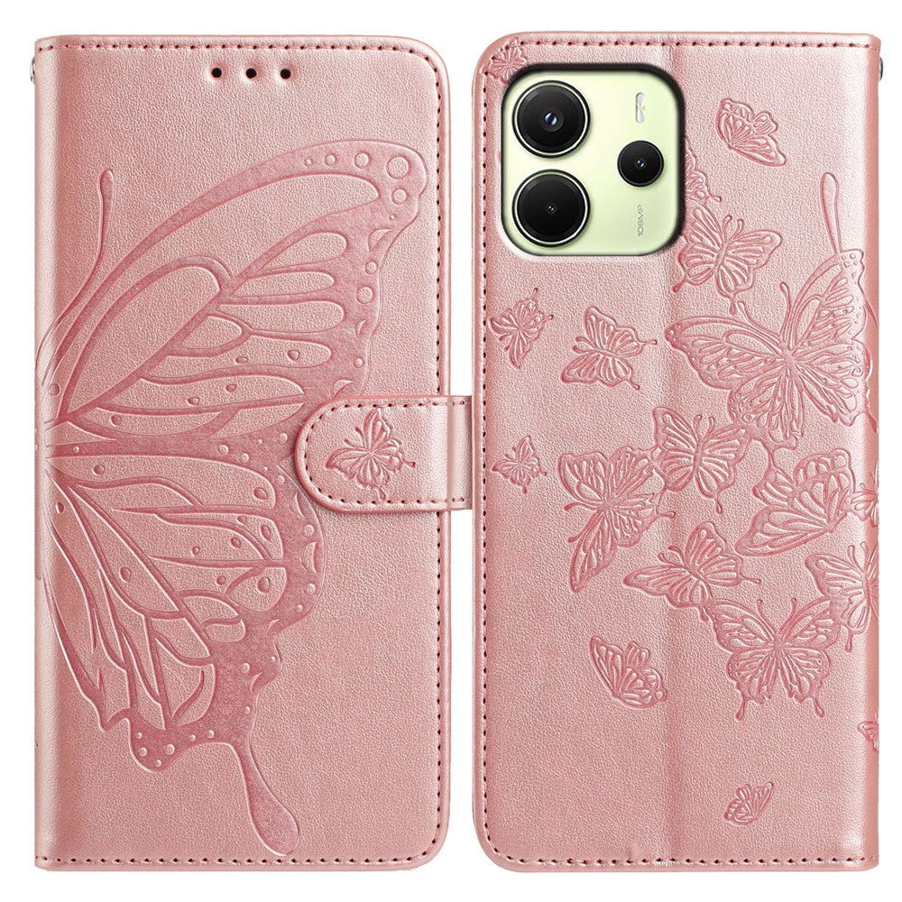 Xiaomi Redmi Note 14 4G (163,25 mm) fodral med fjärilstryck, plånboksfodral i PU-läder med rem