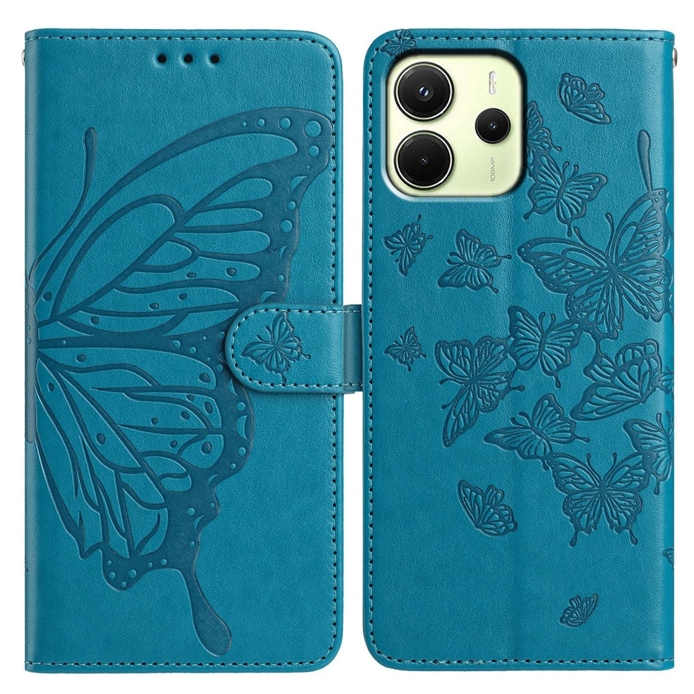 Xiaomi Redmi Note 14 4G (163,25 mm) fodral med fjärilstryck, plånboksfodral i PU-läder med rem