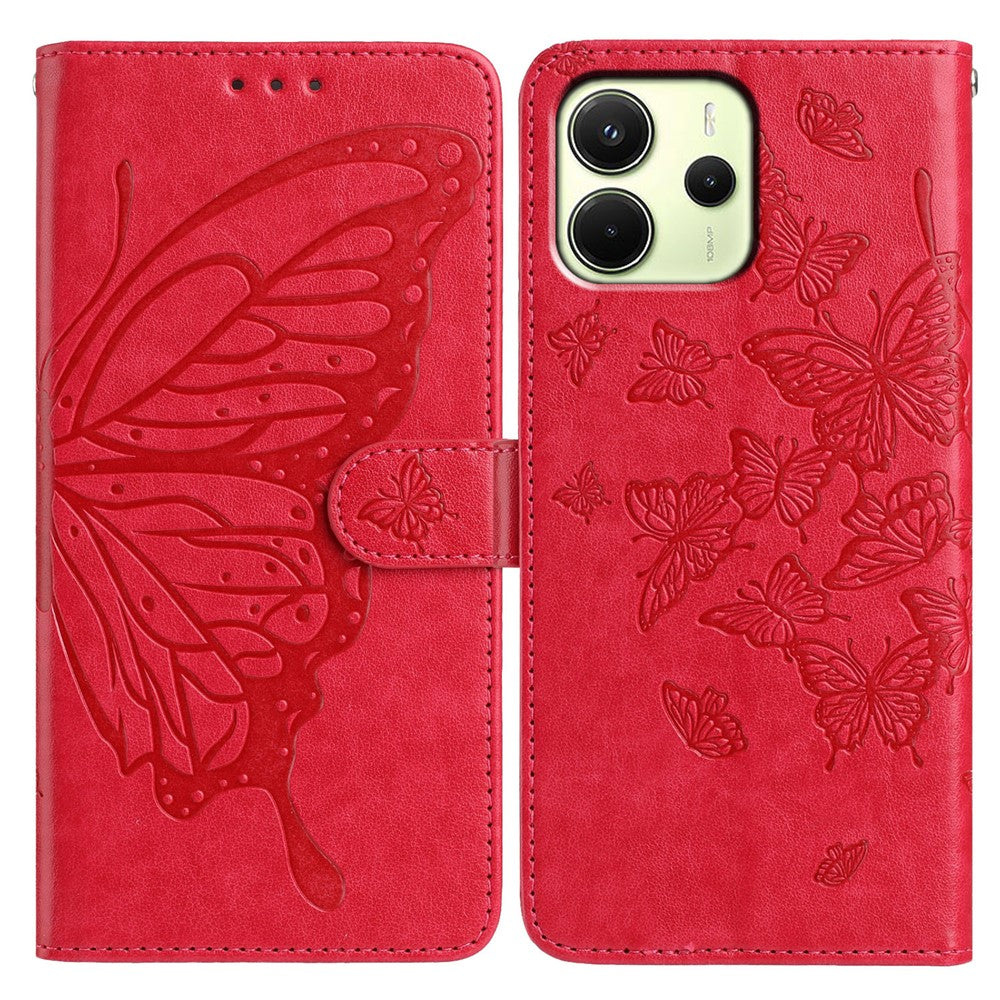 Xiaomi Redmi Note 14 4G (163,25 mm) fodral med fjärilstryck, plånboksfodral i PU-läder med rem