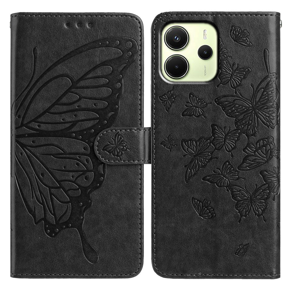 Xiaomi Redmi Note 14 4G (163,25 mm) fodral med fjärilstryck, plånboksfodral i PU-läder med rem