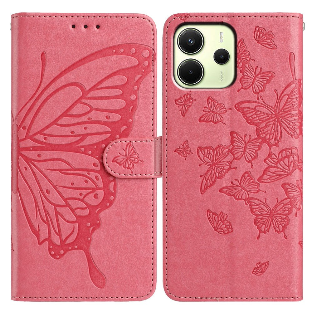 Xiaomi Redmi Note 14 4G (163,25 mm) fodral med fjärilstryck, plånboksfodral i PU-läder med rem