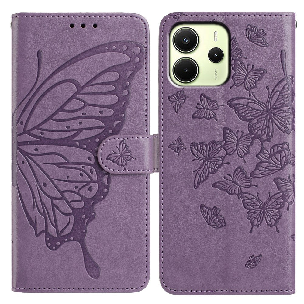 Xiaomi Redmi Note 14 4G (163,25 mm) fodral med fjärilstryck, plånboksfodral i PU-läder med rem