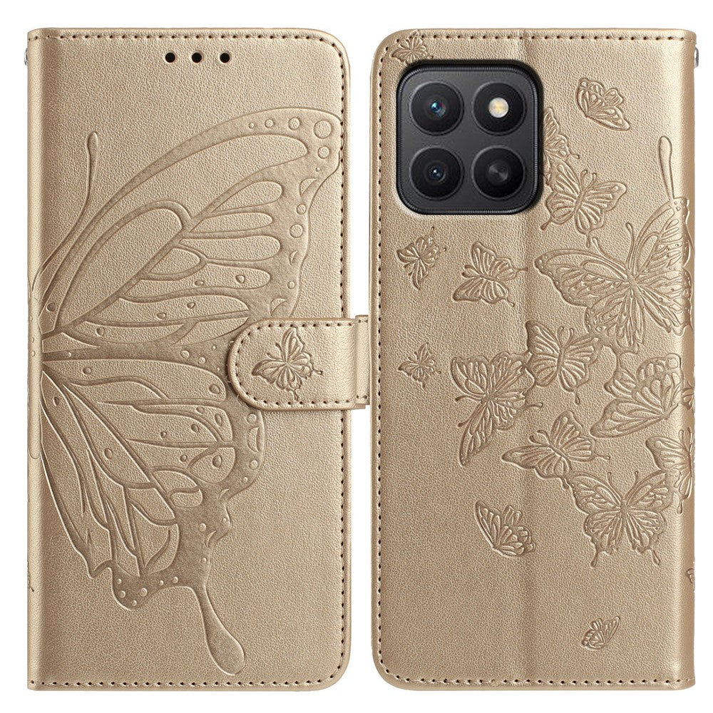 For Honor X8b 4G / X8c 4G Etui Sommerfugl Præget Pung Stand PU Læder Flip Telefon Cover med Rem
