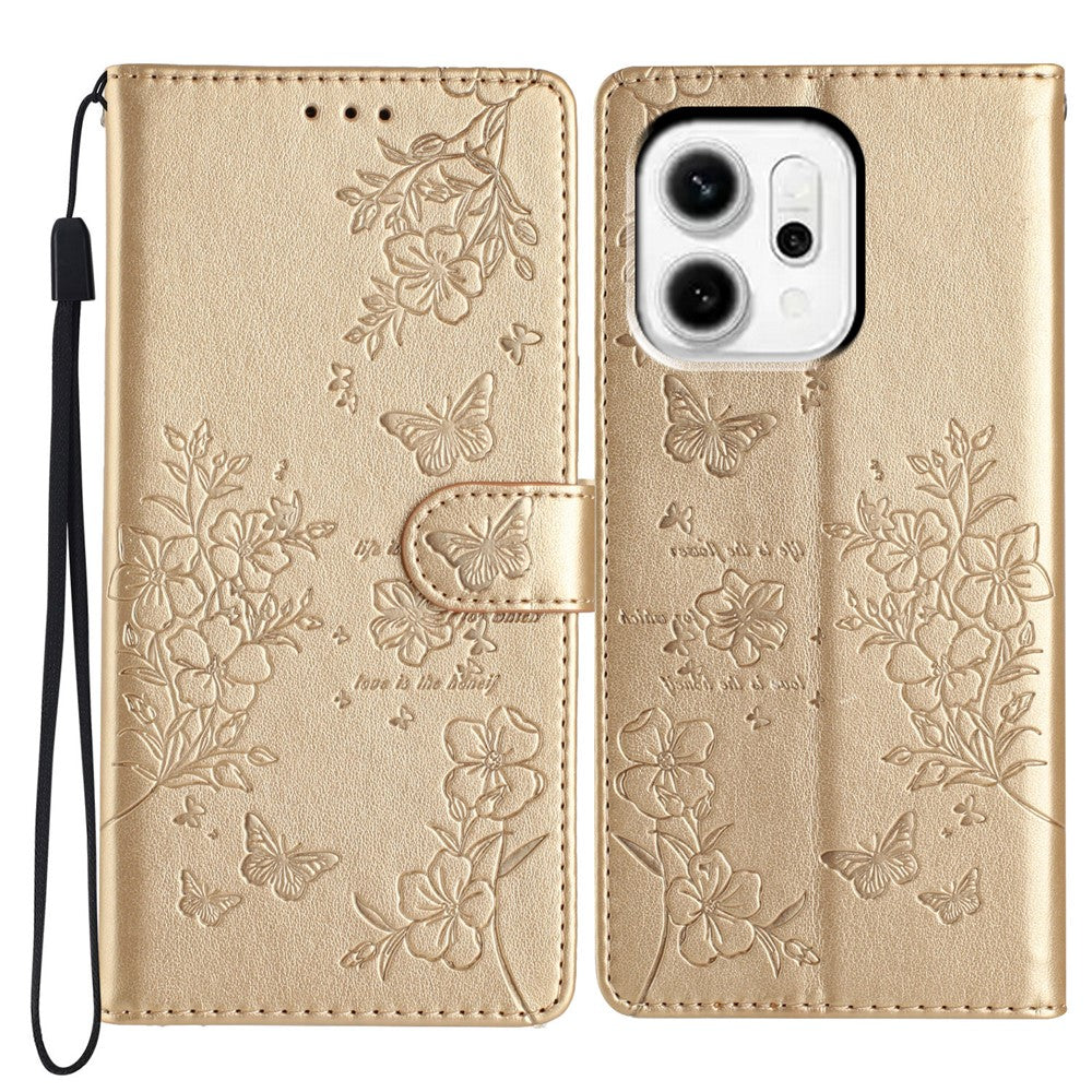 For Oppo Reno14 Pro 5G (Global) Wallet Phone Case Butterfly Floral Imprint Leather Flip Cover with Strap