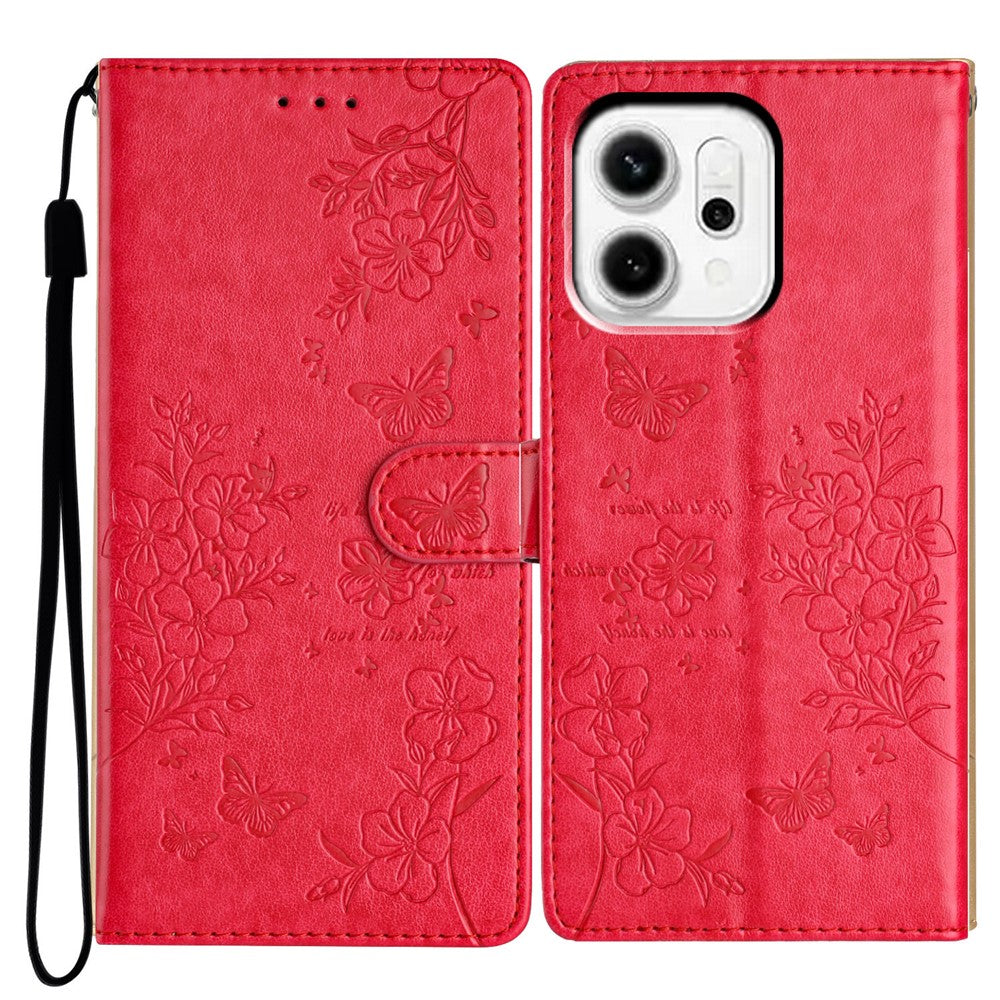 For Oppo Reno14 Pro 5G (Global) Wallet Phone Case Butterfly Floral Imprint Leather Flip Cover with Strap