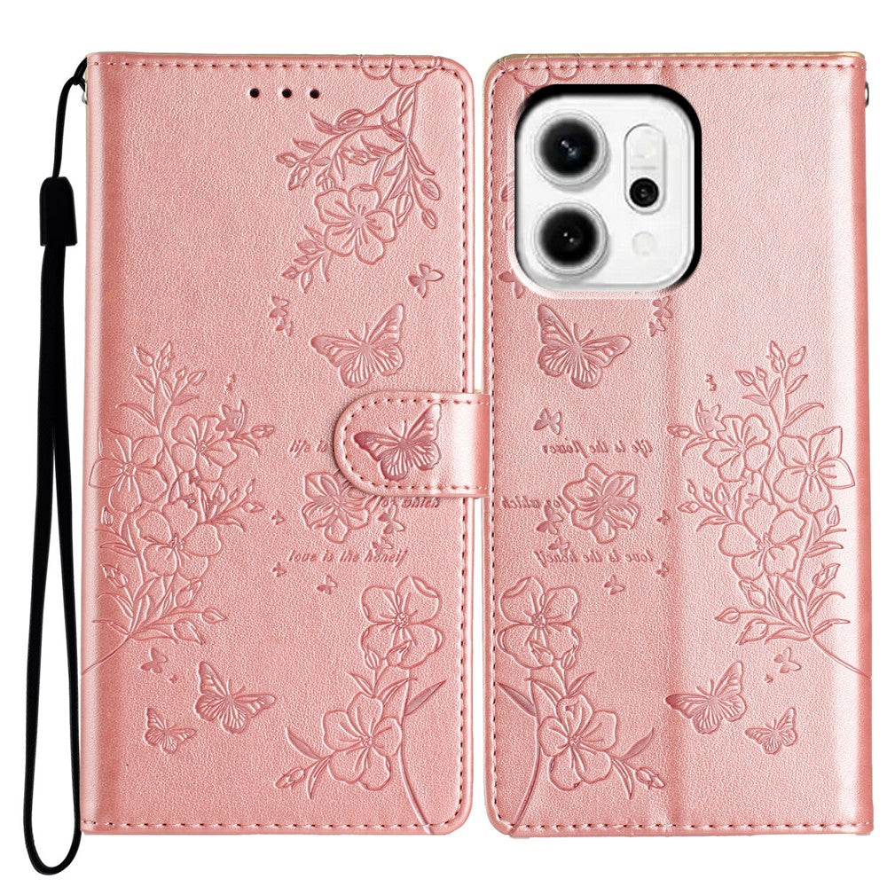 For Oppo Reno14 Pro 5G (Global) Wallet Phone Case Butterfly Floral Imprint Leather Flip Cover with Strap