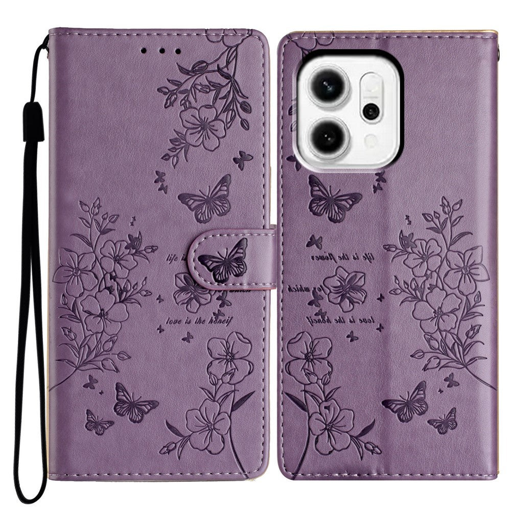 For Oppo Reno14 Pro 5G (Global) Wallet Phone Case Butterfly Floral Imprint Leather Flip Cover with Strap