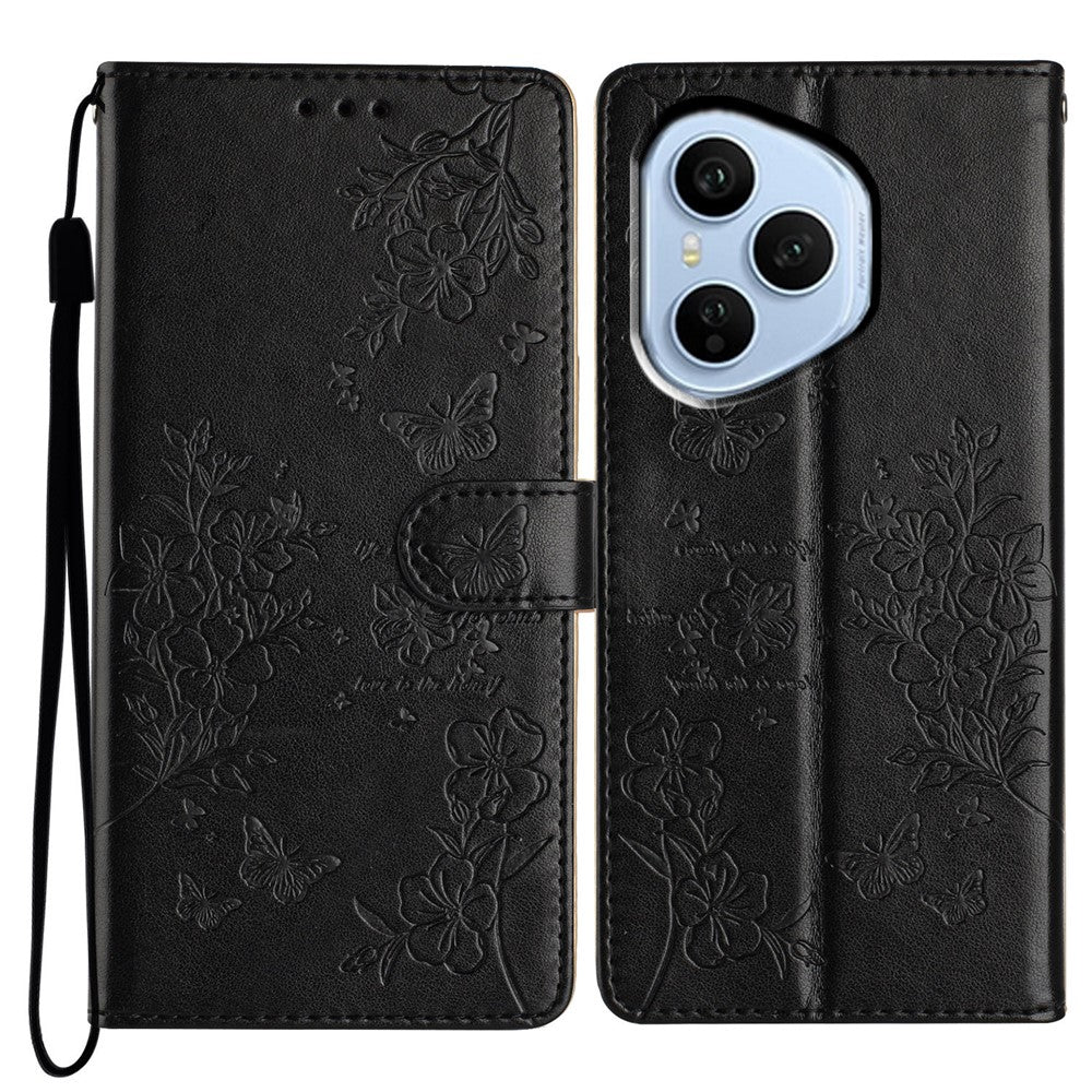 For Honor 400 Pro 5G (Global) Wallet Phone Case Butterfly Floral Imprint Leather Flip Cover with Strap
