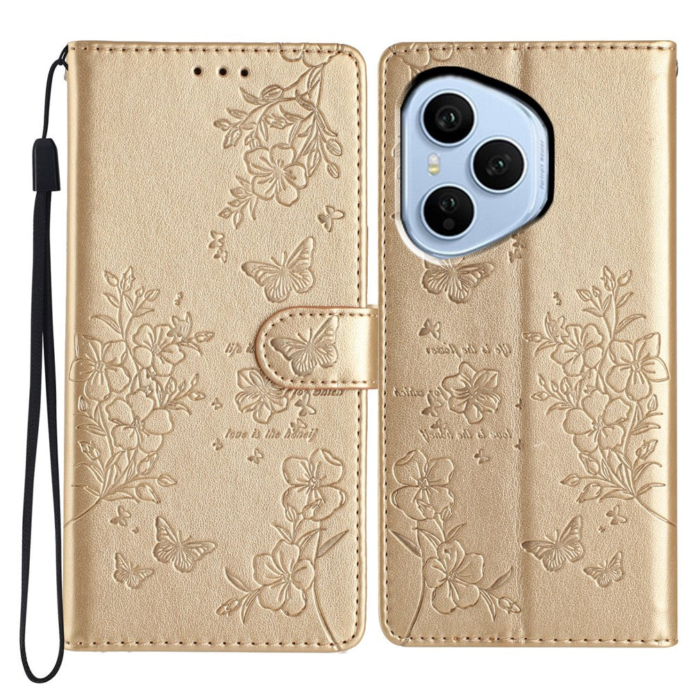 For Honor 400 Pro 5G (Global) Wallet Phone Case Butterfly Floral Imprint Leather Flip Cover with Strap