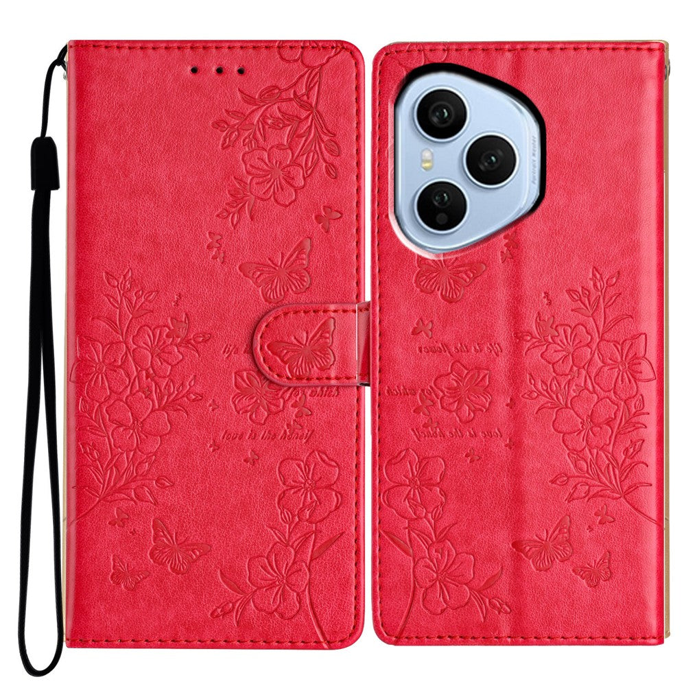 For Honor 400 Pro 5G (Global) Wallet Phone Case Butterfly Floral Imprint Leather Flip Cover with Strap