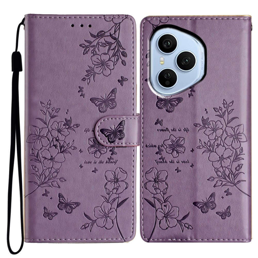For Honor 400 Pro 5G (Global) Wallet Phone Case Butterfly Floral Imprint Leather Flip Cover with Strap